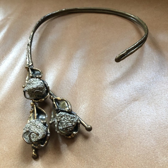 Brutalist pyrite and brass flower necklace vintage silver gold statement - Picture 3 of 13